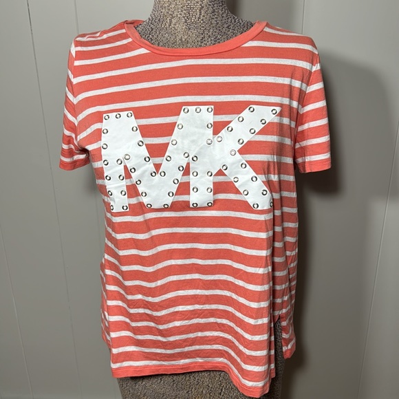 Michael Michael Kors Womens Large Salmon White Stripe Short Sleeve Shirt - Picture 1 of 7
